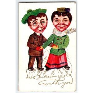 Valentines Day Postcard Heart Shaped Faces Man & Women Hold Hands On Ice Skates
